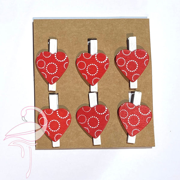 Wooden Pegs with Red Hearts x 6 pcs