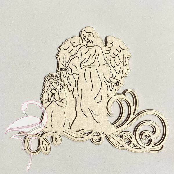 Two-layered Holy Communion girl with guardian angel 104 x 90mm