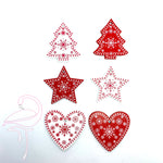 Set of 6 Red & White Wooden Christmas Ornaments - 5cm each